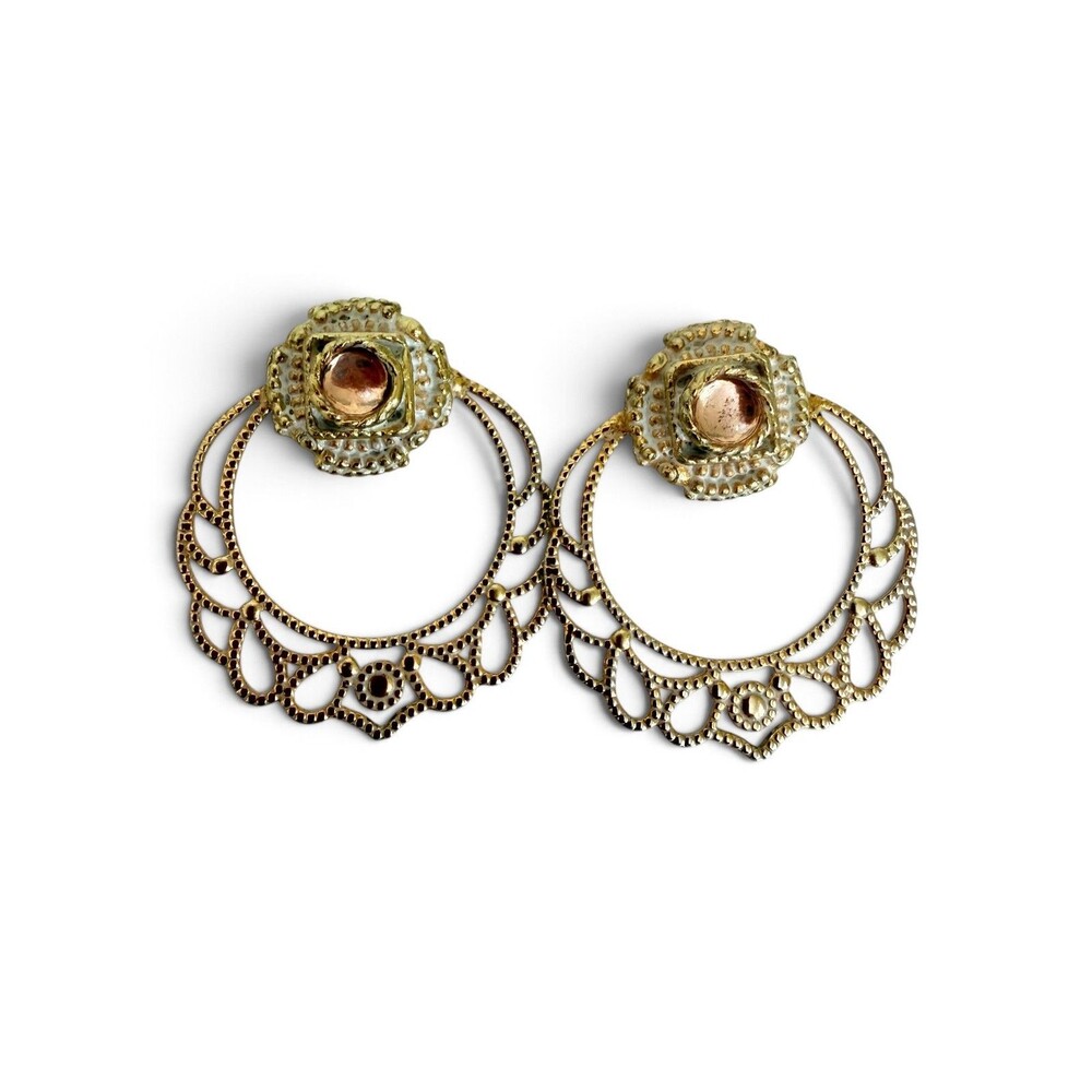 Vintage 1960s Vogue Signed Gold Tone White Enamel Filigree Hoop Pierced Earrings